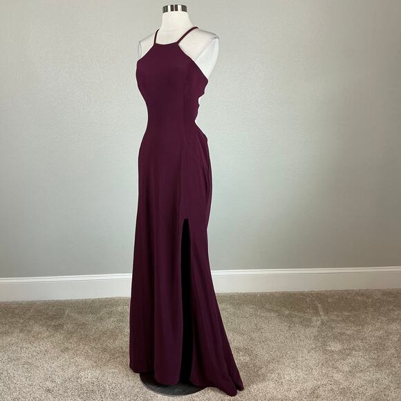 Avery G Backless Halter Evening Gown Wine Red Size 6 Sleeveless Thigh Slit Dress - Picture 5 of 14